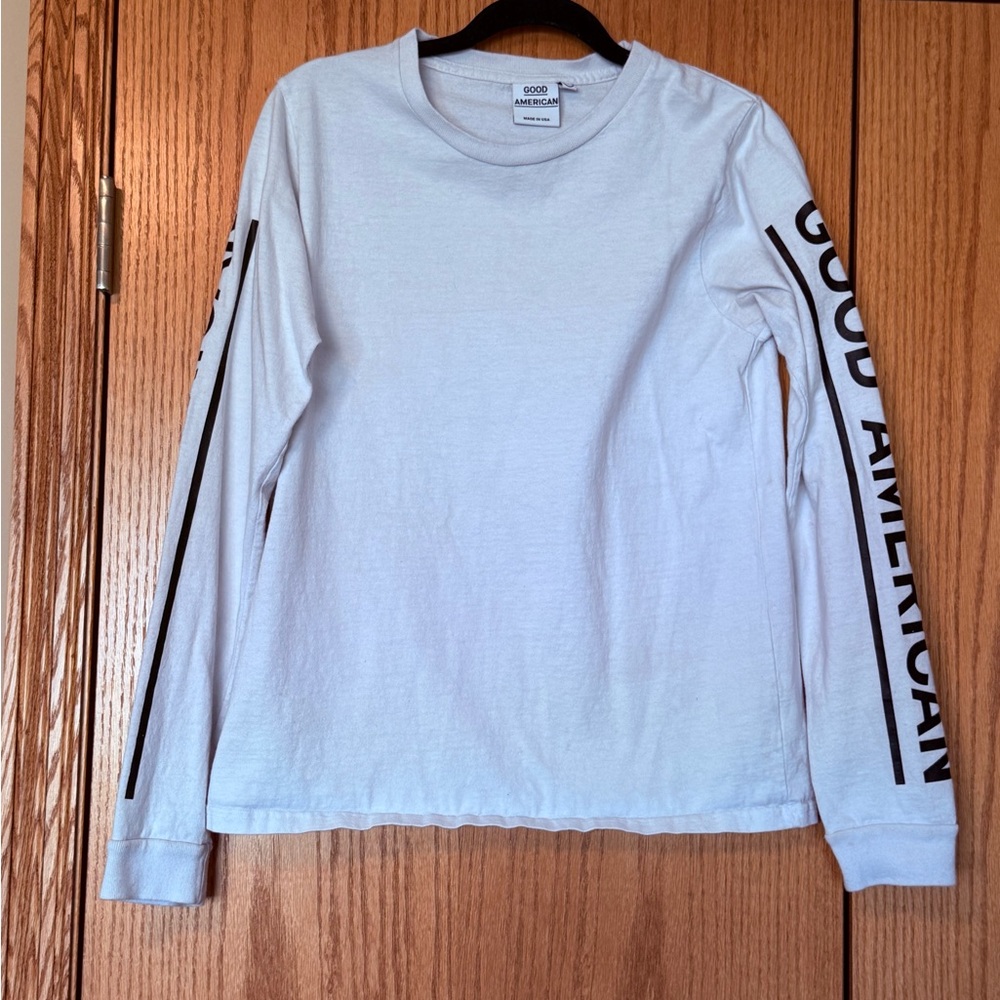 Good American White Long Sleeve Tee with Black Lettering